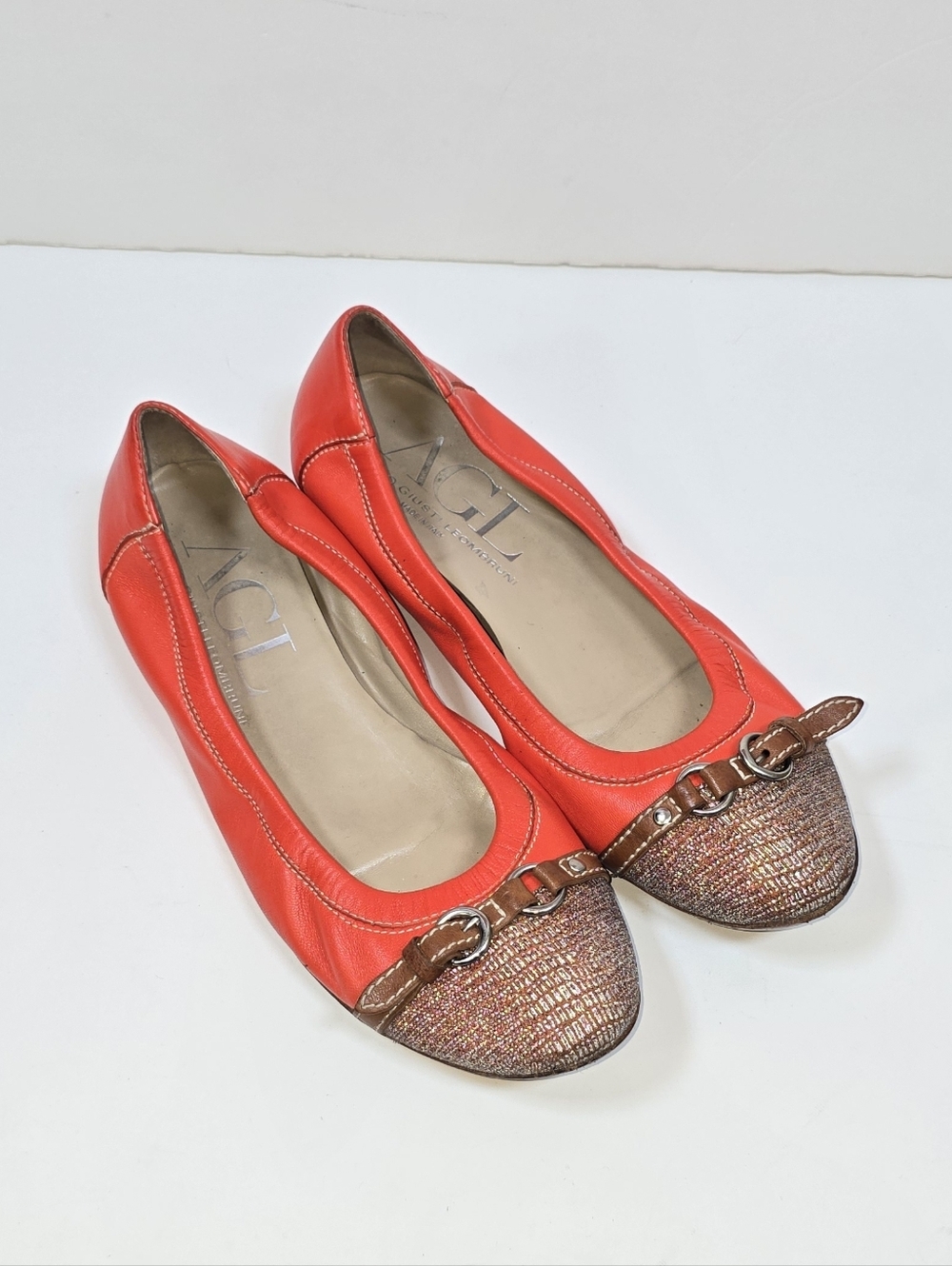 AGL Attilio Giusti Leombruni Orange Leather Metallic Cap Toe Ballet Flats Sz.39